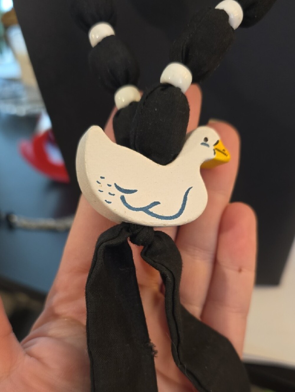Black Fabric Bead Necklace with White Duck Pendant - Picture 4 of 4